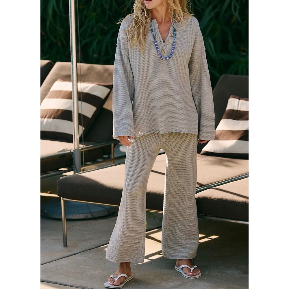 Free People‎ Beach Pants Hailee Waffle Knit Wide Leg Green Small